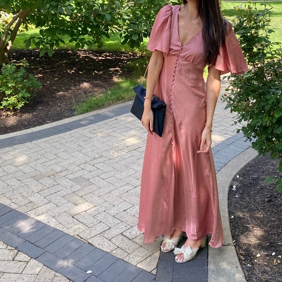 ASOS EDITION satin flutter sleeve maxi dress with button front in dusky rose - Picture 5 of 5